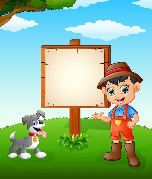 Farmer cartoon on farmland with blank sign