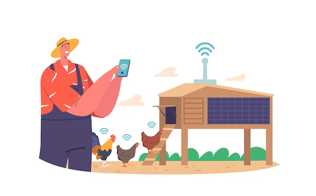 Pollo di controllo del carattere dell'agricoltore con wi-fi su tecnologia avanzata smart farm che fornisce monitoraggio in tempo reale