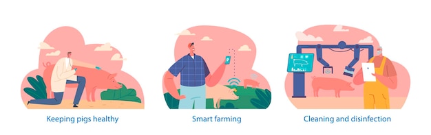 Farmer Characters Tend To Pigs On Smart Farm They Provide Cleaning Grazing And Medical Care Vector Illustration