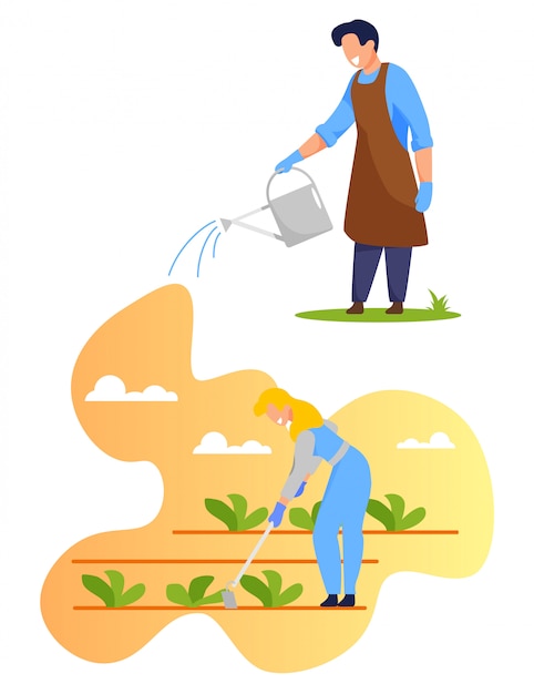 Farmer characters watering and weeding plants