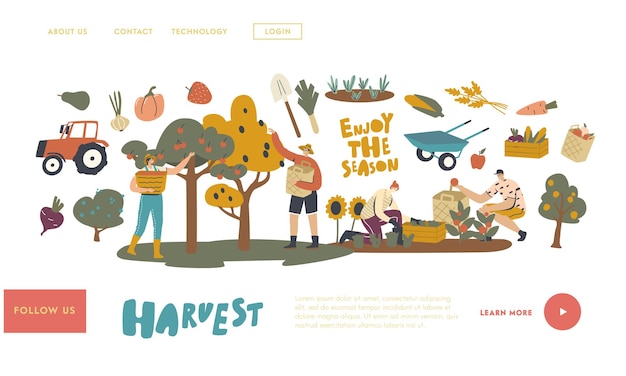 Vector farmer characters work on garden or orchard harvesting crop landing page template. gardeners collect fruit and vegetable farm production. seasonal work, agriculture. linear people vector illustration