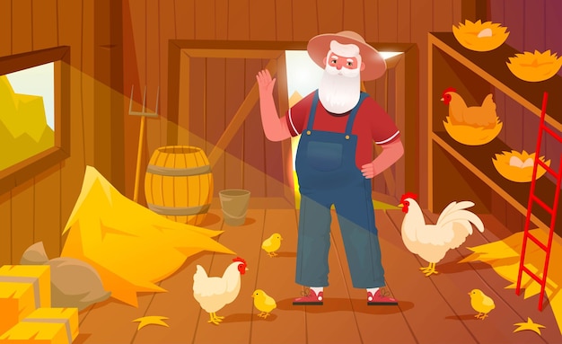 Farmer in chicken coop