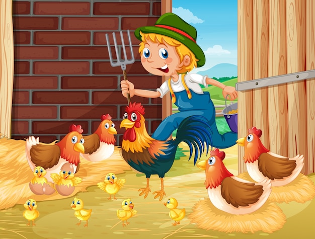 Farmer and chickens in the barn