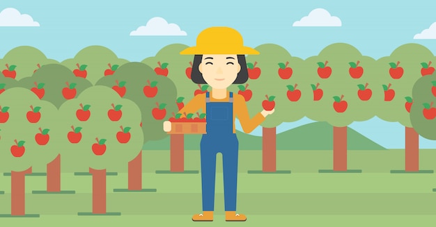 Vector farmer collecting apples