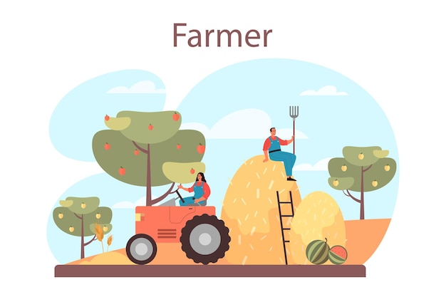 Farmer concept. farm worker on the field, watering plants and feeding animals. summer countryside view, agriculture concept. living in the village. isolated flat illustration