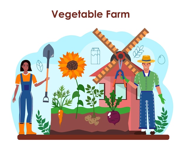 농부 개념입니다. 원예. 농장 노동자 재배 식물, 야채