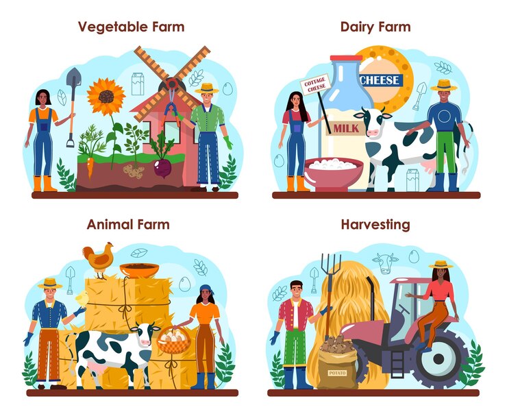 Vector farmer concept set. farm worker growing plants and feeding animals.