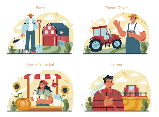 Farmer concept set. farm worker growing plants and feeding animals.