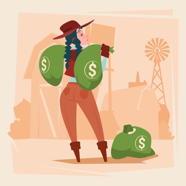 Farmer country woman hold big money sack