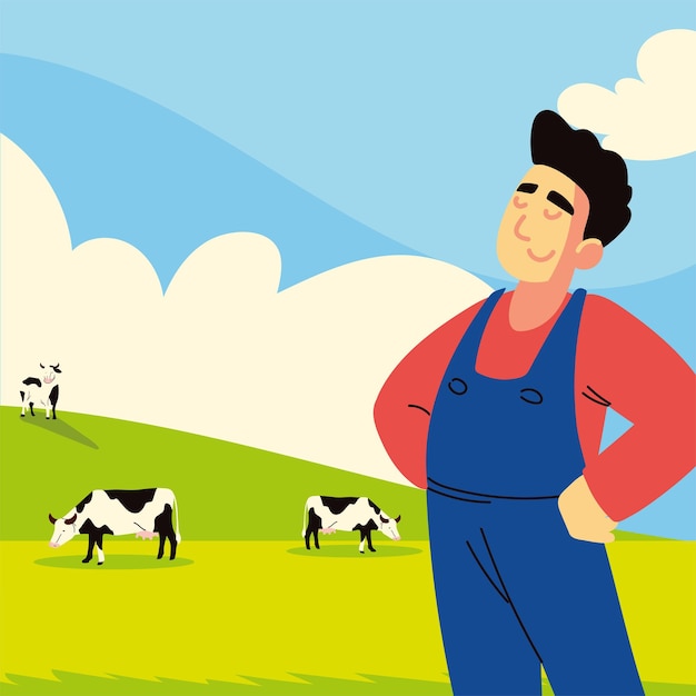 Vector farmer and cow in field