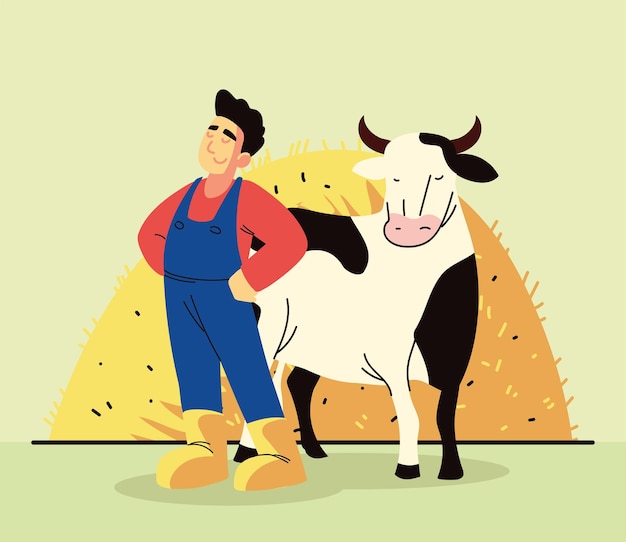 Vector farmer and cow