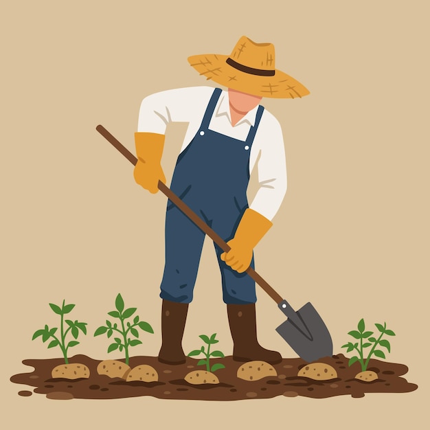 farmer digging soil with shovel planting crops in the field
