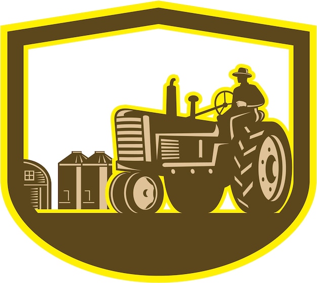 Vector farmer driving tractor plowing farm shield retro