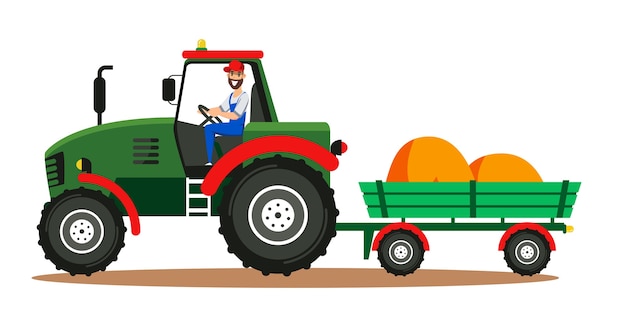 Farmer driving tractor with hay bales in cart