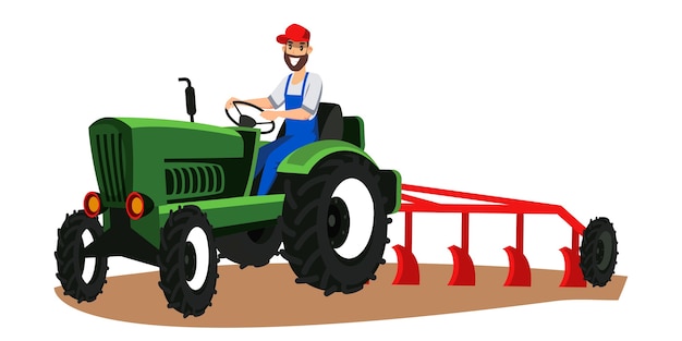쟁기 일러스트와 함께 트랙터를 운전하는 농부, 농지 작업자 평면 문자를 사용하는 사람. 원예 재배 기술