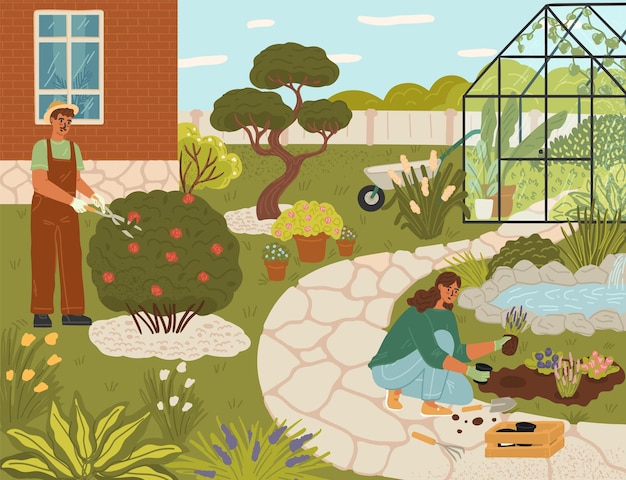 Vector farmer family working on backyard taking care of plants vector illustration loving husband and wife gardener planting flower pruning trees and bush in garden at countryside