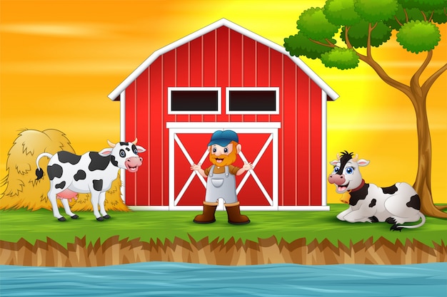 Farmer and farm animal in front of the barn