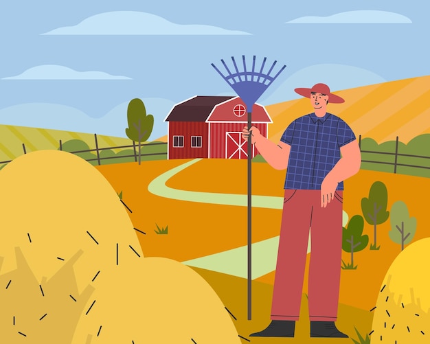 Farmer on farm flat vector illustration Agricultural worker with rake collects hay and straw Flat