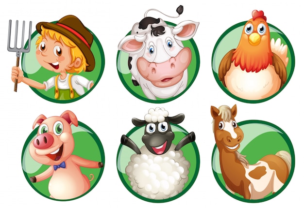 Vector farmer and farmanimals on round badges