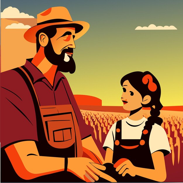 Вектор Фермер отец и дочь урожай вручную нарисованный плоский стильный мультфильм наклейки икона концепция изолирована