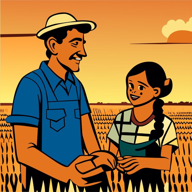 Farmer father and daughter harvest hand drawn flat stylish cartoon sticker icon concept isolated