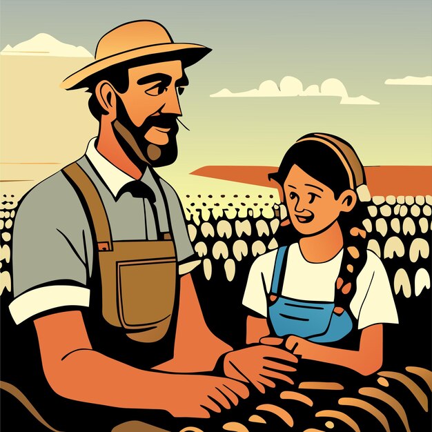 Vettore agricoltore padre e figlia raccolto disegnato a mano piatto elegante adesivo cartone animato concetto di icona isolato