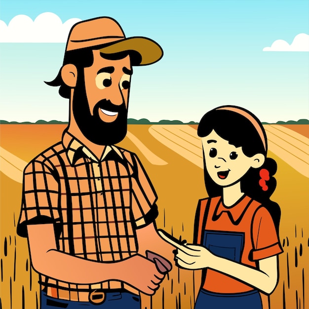 Farmer father and daughter harvest hand drawn flat stylish cartoon sticker icon concept isolated