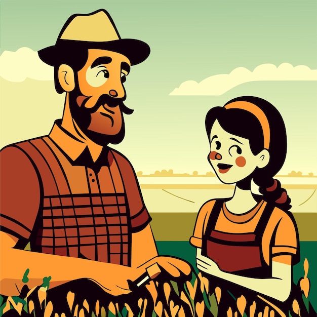 Farmer father and daughter harvest hand drawn flat stylish cartoon sticker icon concept isolated