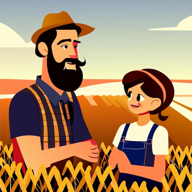 Farmer father and daughter harvest hand drawn flat stylish cartoon sticker icon concept isolated