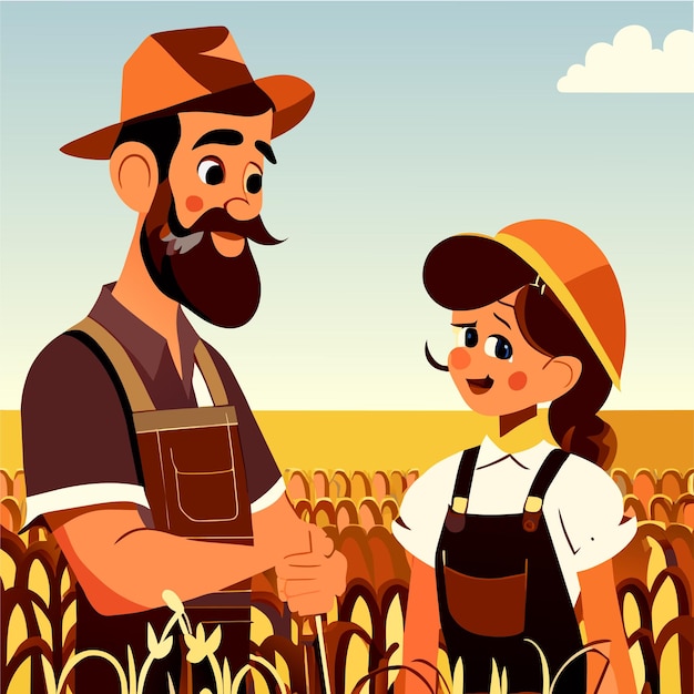 Farmer father and daughter harvest hand drawn flat stylish cartoon sticker icon concept isolated