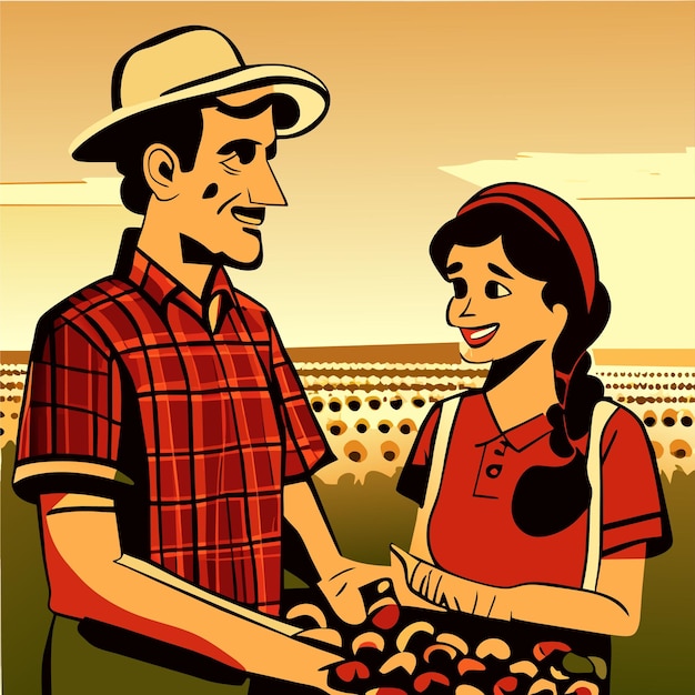 Farmer father and daughter harvest hand drawn flat stylish cartoon sticker icon concept isolated