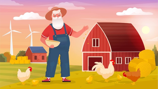 Vector farmer feeding chicken concept