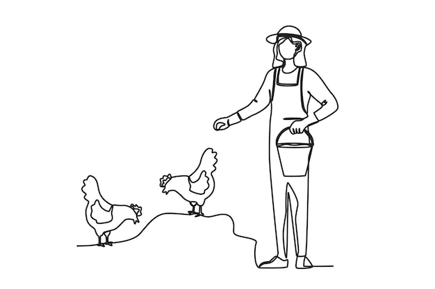 A farmer feeds chickens Farmer and cattle oneline drawing