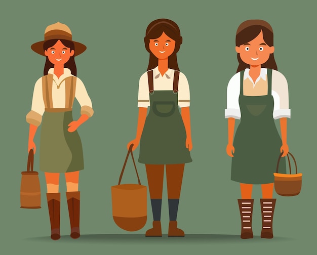 Farmer girl collection flat illustration