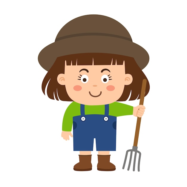 Farmer girl holding fork ready to work