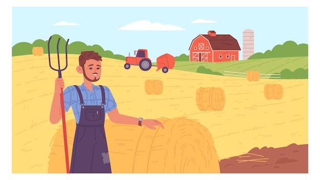 Farmer harvest hay on farm Countryside nature scene Vector illustration