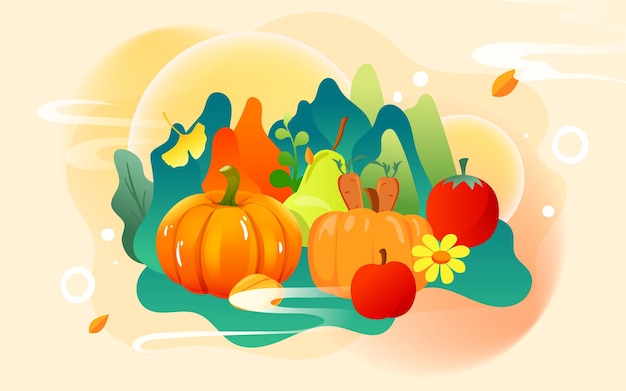 Agricoltore che raccoglie frutti in autunno, paesaggio della stagione tardo autunnale, illustrazione vettoriale