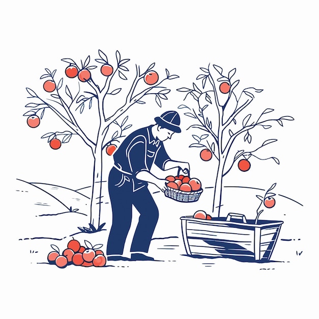 A farmer harvesting ripe apples in an orchard during autumn vector illustration