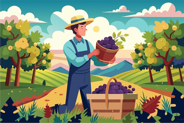 A farmer harvesting ripe grapes in a vineyard ready to be turned into wine