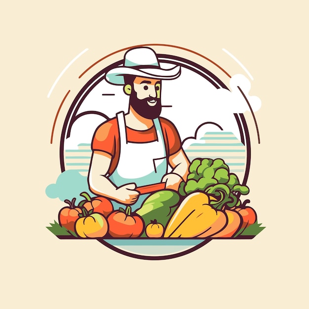 Farmer in hat and apron with ripe vegetables Vector illustration