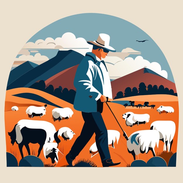 Vector farmer herding sheep in a pasture