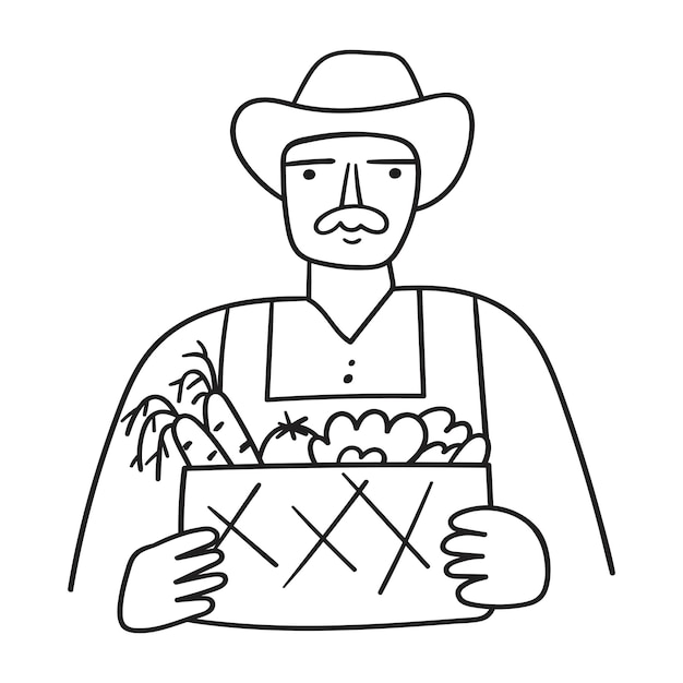 Фермер держит коробку с овощами. Значок вектора. Контурная иллюстрация на белом фоне.