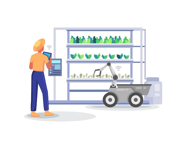 Vector farmer holding tablet checking his plants. smart and sophisticated farming concept, managing hydroponic farming with mobile app. modern farming with robot automation. vector illustration in flat style