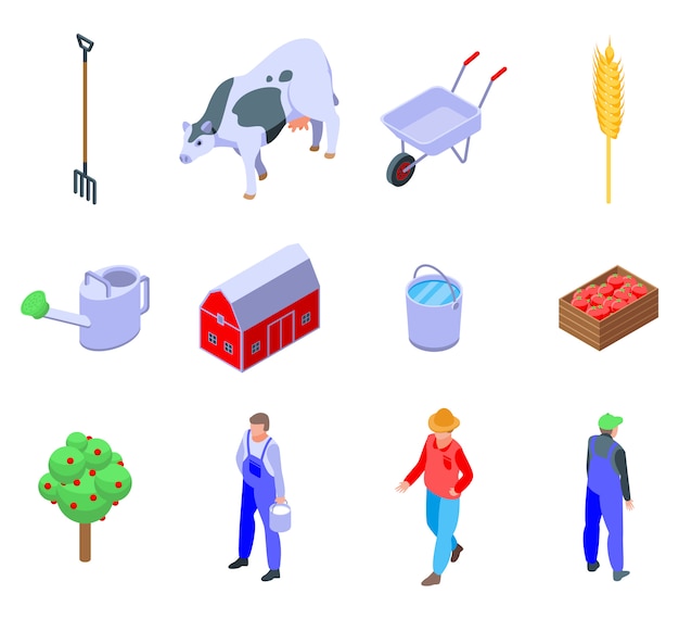 Vector farmer icons set, isometric style