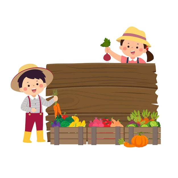 Vector farmer kids with wooden board and wooden boxes of vegetables