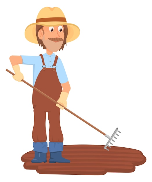 Farmer leveling soil with rake Cartoon gardener character
