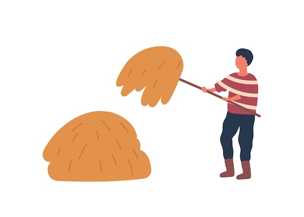 Farmer making haystack flat vector illustration. Faceless rancher, farm worker with pitchfork cartoon character. Village, farmland design element. Rural economy, farming, husbandry chore concept.