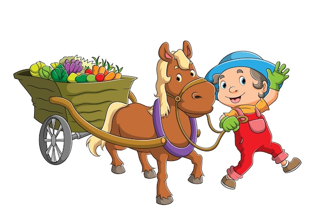 The farmer man is walking with the horse pulls the cart of illustration