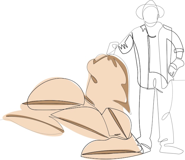 Farmer man middle-aged with a shovel sits on a bag Line minimal concept