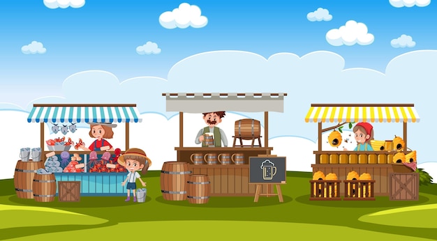 Farmer market concept with stall shops